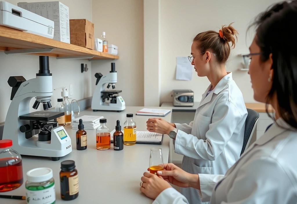 Scientists in a modern lab conducting quality control tests on natural ingredients