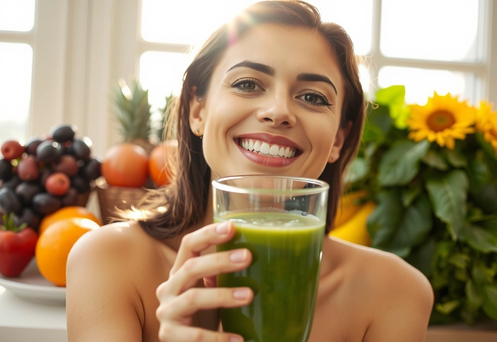 Woman enjoying a healthy green smoothie, symbolizing natural nutrition for vitality.