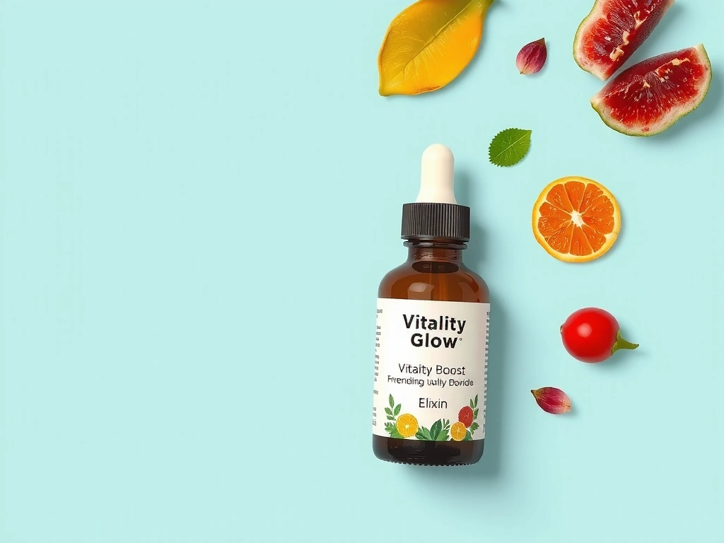 High-resolution image of Vitalityglowspainbhub Boost Elixir bottle with vibrant ingredients.