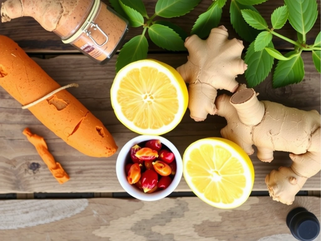 Ingredients of Vitalityglowspainbhub Boost Elixir in a flat lay composition.