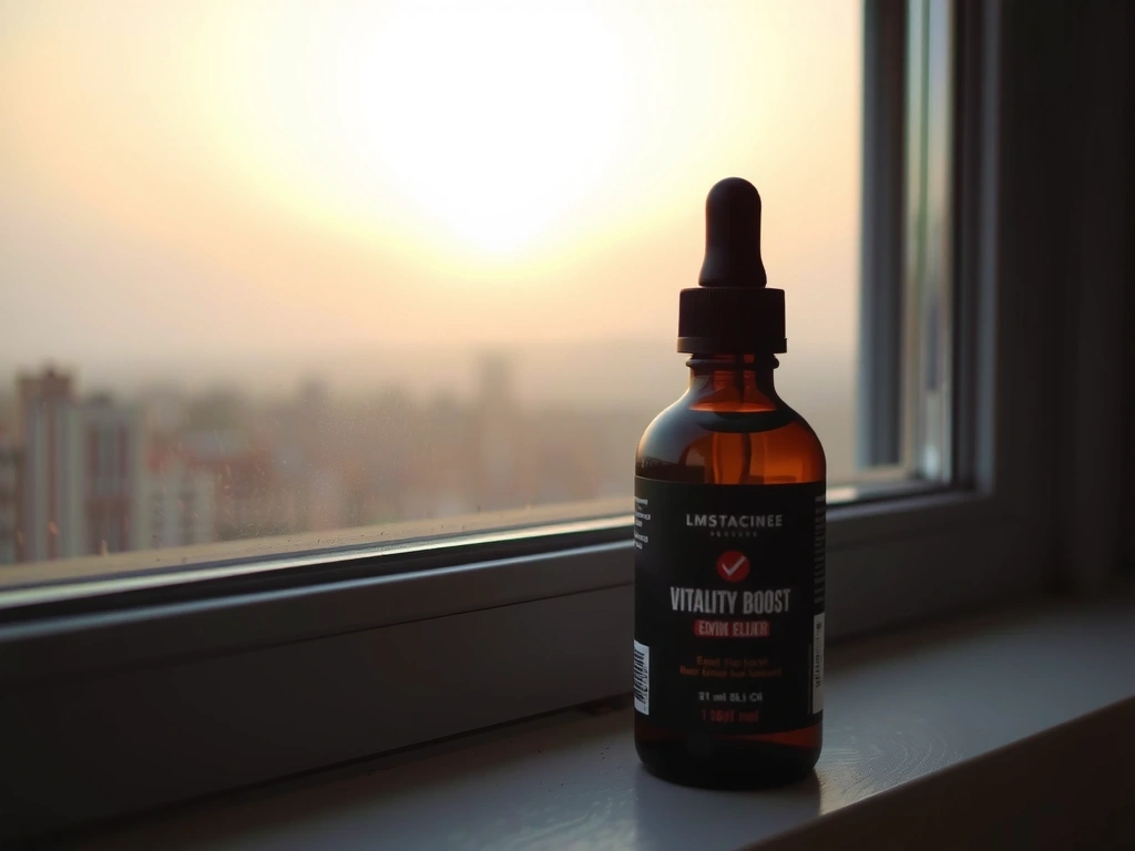 Vitalityglowspainbhub Boost Elixir bottle with a morning sunrise background.