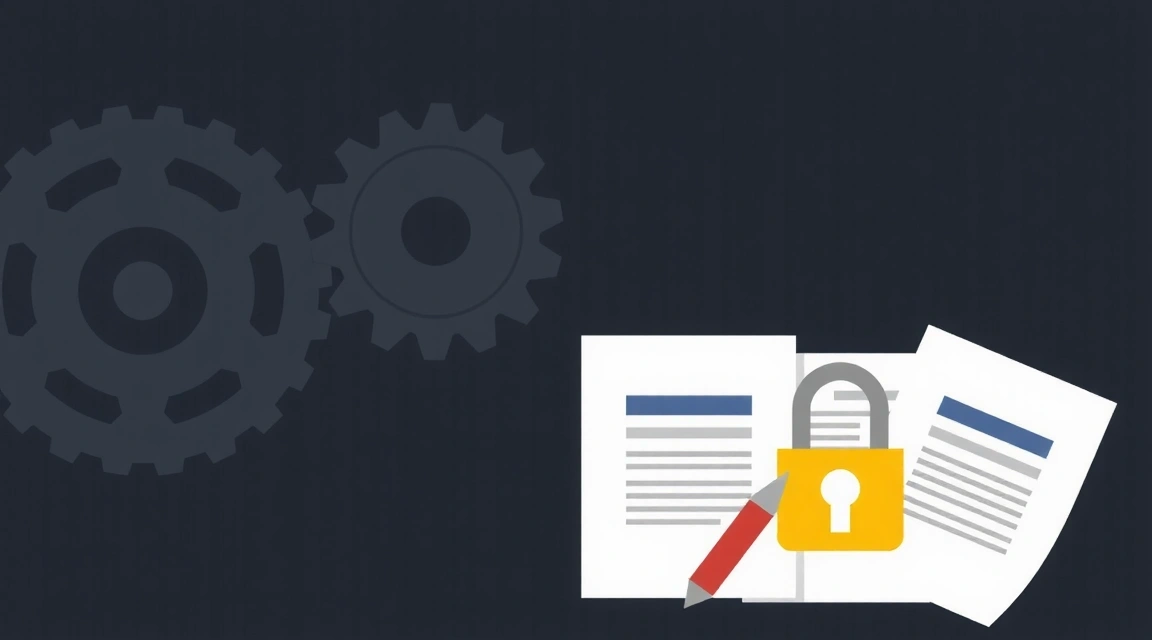 Abstract representation of intellectual property rights, with gears and legal documents